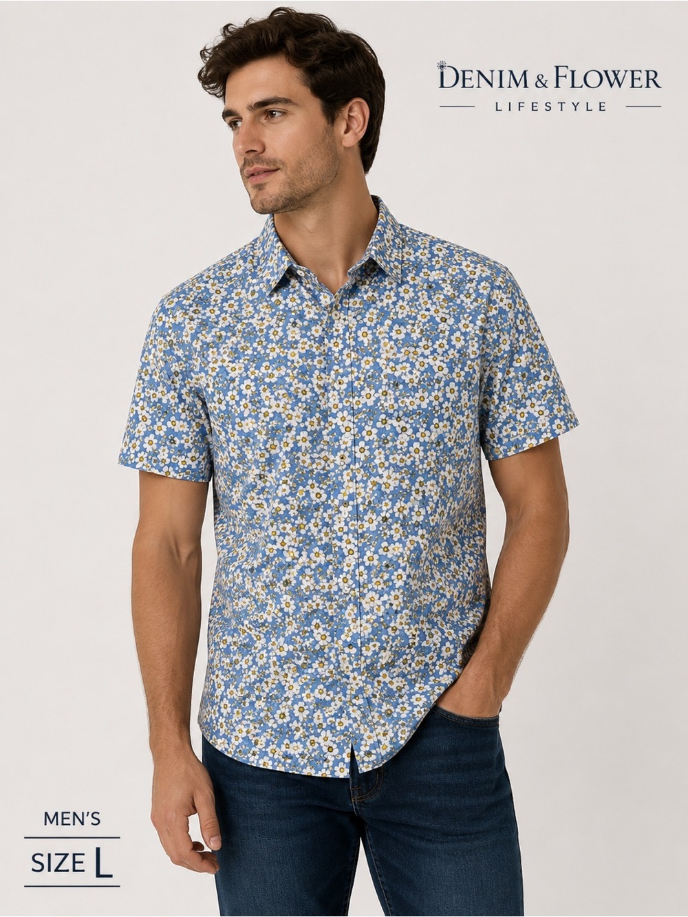 Denim & Flower Blue Daisy Floral casual summer style Button-Up Shirt Men's/L